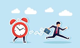 Businessman runs as an alarm clock chases him, causing his paperwork to scatter and fly, illustration of a deadline in completing a business project vector