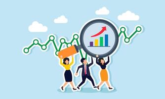 Businesspeople stand in front of a line graph, working together to lift a magnifying glass labeled rise graph, illustration of teamwork in analyzing business and financial performance vector