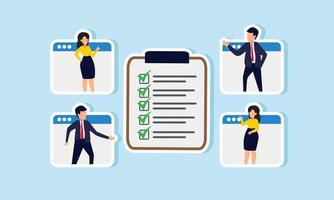 Several businessmen are on a platform discussing a job list board, illustration of an online meeting about a business job list vector