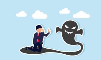Businessman feels afraid of his shadow forming a ghost, illustration of inner fear that hinders growth vector