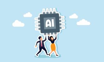 Businessman and businesswoman collaborate to lift a computer chip labeled AI, illustration of working together to build an AI-based work system vector