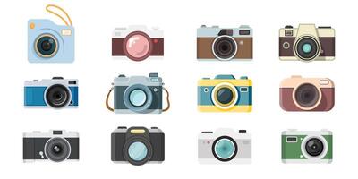 A set of different colored cameras on a white background vector