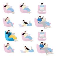 a set of people sitting on bean bags with laptops vector