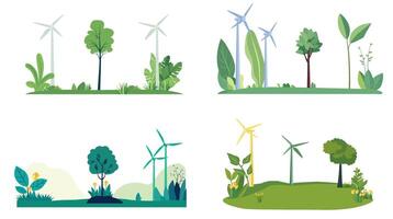 Eco-friendly environment illustration set with wind turbines, trees, and plants on a white background. Green energy concept vector