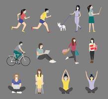 people in masks and other activities on a gray background vector