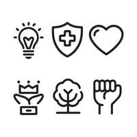 Core Values Line Icons Set - Love, Creativity, Leadership, Nature, Strength, Health vector