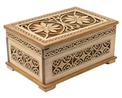 Wooden decorative box with carved details and a handle on transparent background png