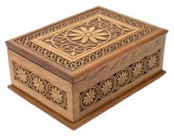 Decorative wooden box with carved details and handle, handcrafted vintage design png