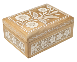Hand Carved Wooden Jewelry Box With Floral Design, Unique Storage On Transparent Background png