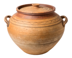 Large clay pot with two side handles, traditional cookware, rustic kitchenware png