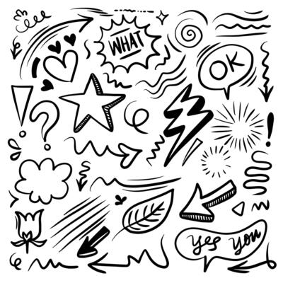 Hand drawn doodle design elements. speech bubble, Arrow, heart, leaves, star, sparkle decoration symbol set icon.