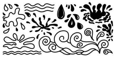 Set of line water waves. Icon set with simple doodle wave. splash silhouette with droplets. vector