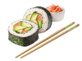 Delicious Avocado Salmon Sushi Rolls with Chopsticks and Ginger png