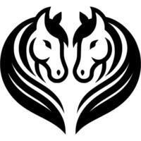 Tattoo emblem of pair of horses in love in a connected heart shape in monochrome. Engraving minimalistic image in black ink drawing on transparent background vector