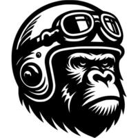 Tattoo of monkey motorcyclist in monochrome. Baboon in a motorcycle helmet. Engraving minimalistic image in black ink drawing on transparent background vector