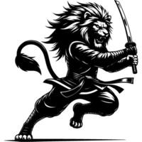 Ninja master lion in katana sword attacking position in monochrome. Leo fighter of secret clan animal roars. Tattoo minimalistic image in black ink drawing on transparent background vector