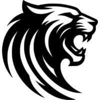 Tattoo of angry roaring leopard head in monochrome. Jaguar in madness side view. Engraving minimalistic image in black ink drawing on transparent background vector