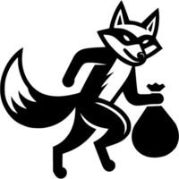 Tattoo of fox thief in robber mask runs away with bag of stolen loot in monochrome. Engraving minimalistic image in black ink drawing on transparent background vector