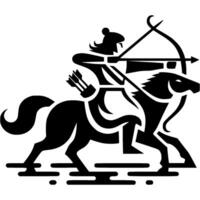 Tattoo emblem of mongolian archer hunting game on horseback in monochrome. Engraving minimalistic image in black ink drawing on transparent background vector