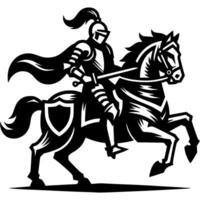 Tattoo emblem of european knight in cloak and armor riding a horse in monochrome. Engraving minimalistic image in black ink drawing on transparent background vector