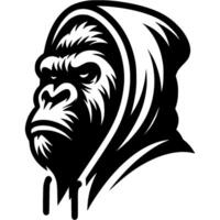 Tattoo of gorilla street gangster with hoodie on head in monochrome. Sullen bully baboon. Engraving minimalistic image in black ink drawing on transparent background vector