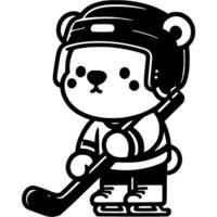 Polar bear cub in hockey uniform learning to stand on skates with a stick in monochrome. Simple minimalistic image in black ink drawing on transparent background vector