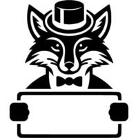 Tattoo of fox thief in top hat holds sign for inscription in police station photo in monochrome. Engraving minimalistic image in black ink drawing on transparent background vector