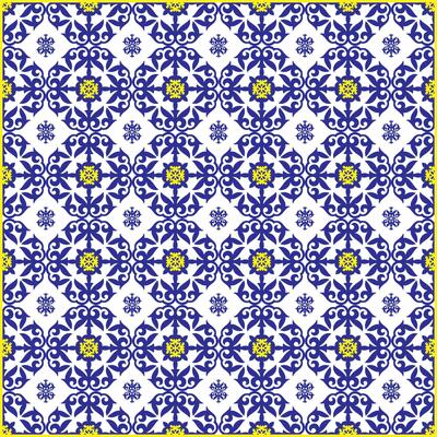 Ceramic tile in talavera style with mosaic pattern, blue, white, yellow colors. Traditional Portuguese, Sicilian, Vintage pattern for ceramic tile, wallpaper, linoleum, textile, web page background