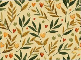 Elegant olive branches with small hearts pattern nature-inspired design seamless artwork relaxing atmosphere aesthetic view vector
