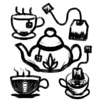 Set of teacup and teapot doodles with hand drawn brush strokes vector