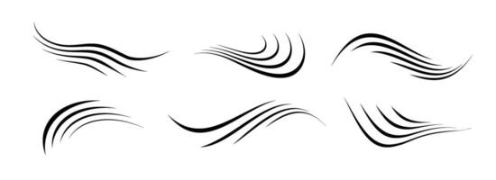Flowing wind motion line set. Air wave shape collection. Blowing hurricane, breeze or storm lines concept. Black swirls, curves and spirals bundle. Air movement and gust symbol pack vector
