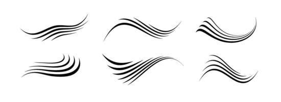 Flowing wind motion line set. Air wave shape collection. Blowing hurricane, breeze or storm lines concept. Black swirls, curves and spirals bundle. Air movement and gust symbol pack vector