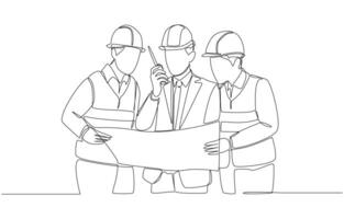 Continuous one line drawing of young engineer talking through walkie-talkie and discussing construction design with team members, construction business concept, single line art vector