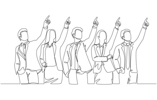 Continuous one line drawing of businesspeople pointing at same direction, business team direction concept, single line art vector