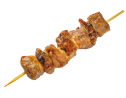 grilled pork skewer, juicy roasted meat on stick, traditional barbecue snack, crispy and tender texture, on isolated background png