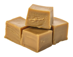 soft caramel fudge cubes, rich and creamy confectionery, sweet and buttery dessert, chewy texture with smooth finish, on isolated background png