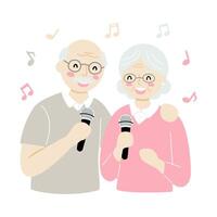 Elderly couple singing karaoke together with joyful expressions and musical notes in the background vector