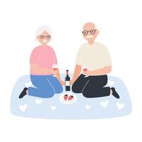Elderly couple enjoying a romantic picnic with wine and strawberries on a cozy blanket vector
