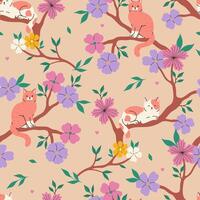 Seamless pattern with cats sitting on flowering branches. graphics. vector