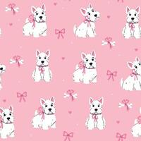 Seamless pattern with cute white Scottish terriers with pink bows. graphics. vector