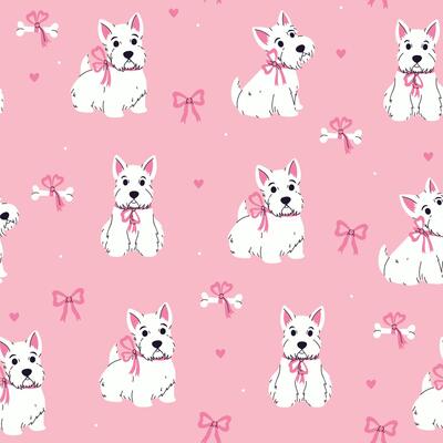 Seamless pattern with cute white Scottish terriers with pink bows. graphics.