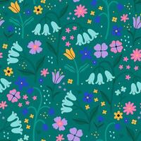 Seamless pattern with bells and other flowers on a green background. graphics. vector