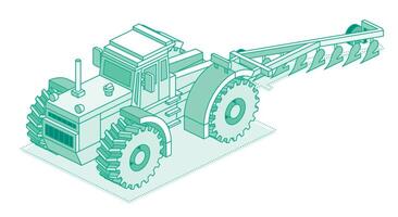 Isometric tractor with plow isolated on white background. Outline object. Large modern agricultural tractor. vector