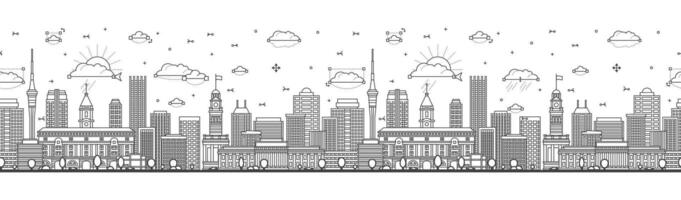 Seamless pattern with Outline Auckland New Zealand city skyline with modern and historic buildings isolated on white. Auckland cityscape with landmarks. vector