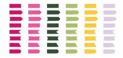 Set of short paper adhesive tape with shadows. Sticky office paper tape. Colored bookmarks, stickers for notes. Isolated realistic illustration in different shapes and colors vector