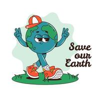 Retro groovy planet Earth character. Funky walking globe sticker with baseball cap and sneakers on grass. Save our Earth. illustration vector