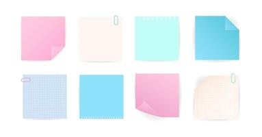 Set colored square paper reminder, sticky note, realistic checkered,striped marks, paper clip. illustration with shadow on white background vector