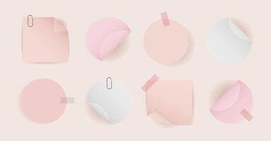 Set round, square self adhesive stickers with folded edges. Colored paper with shadows, paper clip, color sticky tape. Blank layout for any notes. illustration vector