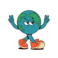Retro groovy planet Earth character. Funky globe sticker with psychedelic face. Earth day, World Environment Day. illustration on transparent background vector