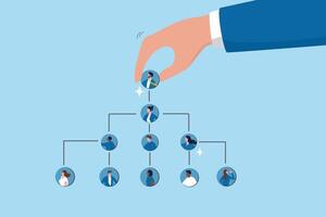 CEO, company leader or executive position, organization chart, hierarchy or team structure, role and responsibility, supervisor, department or division concept, businessman put CEO on org chart. vector